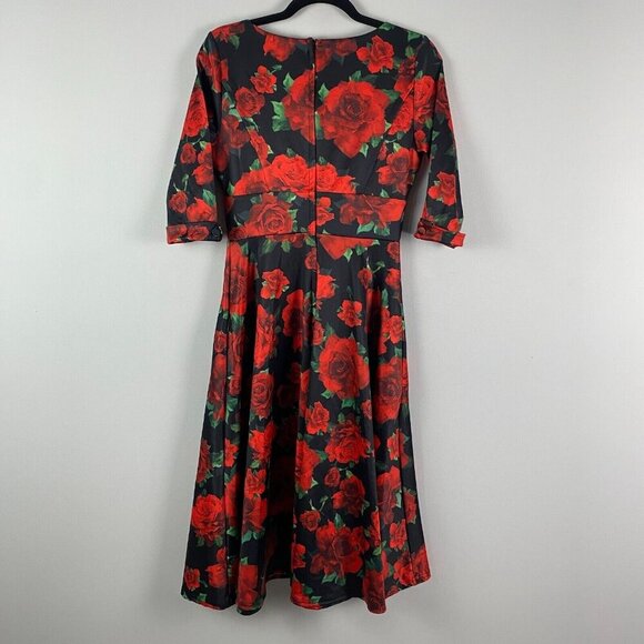 Dolly & Dotty Fit & Flare Midi Dress Size 6 Red Floral Half Sleeve Retro Pinup - Picture 5 of 11